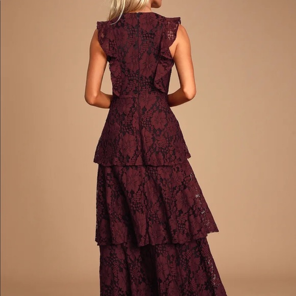 NWT Molinette Burgundy Lace Ruffle Tiered Sleeveless Maxi Dress - Picture 3 of 6